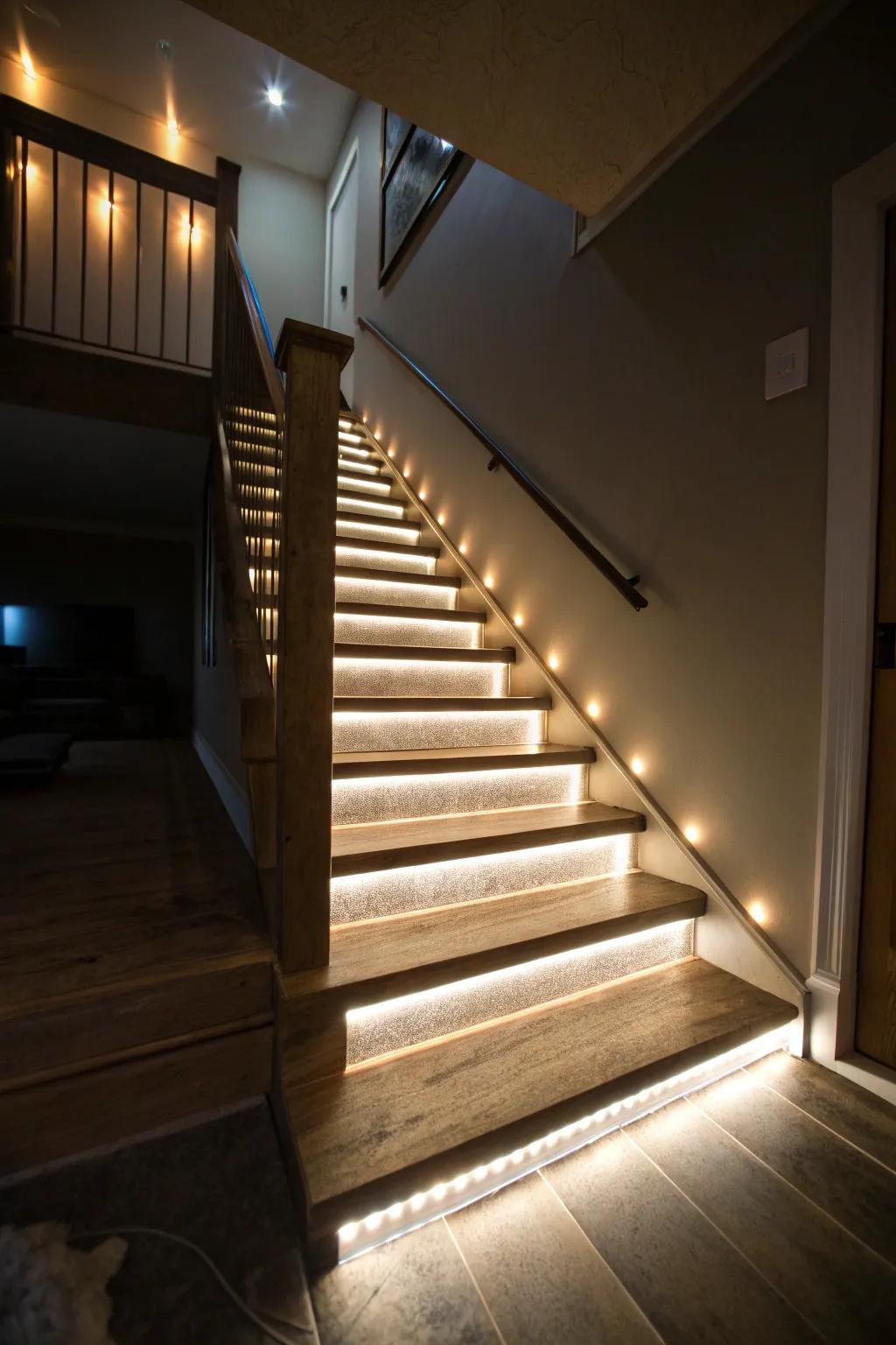 Use flexible strip lights for subtle step illumination.