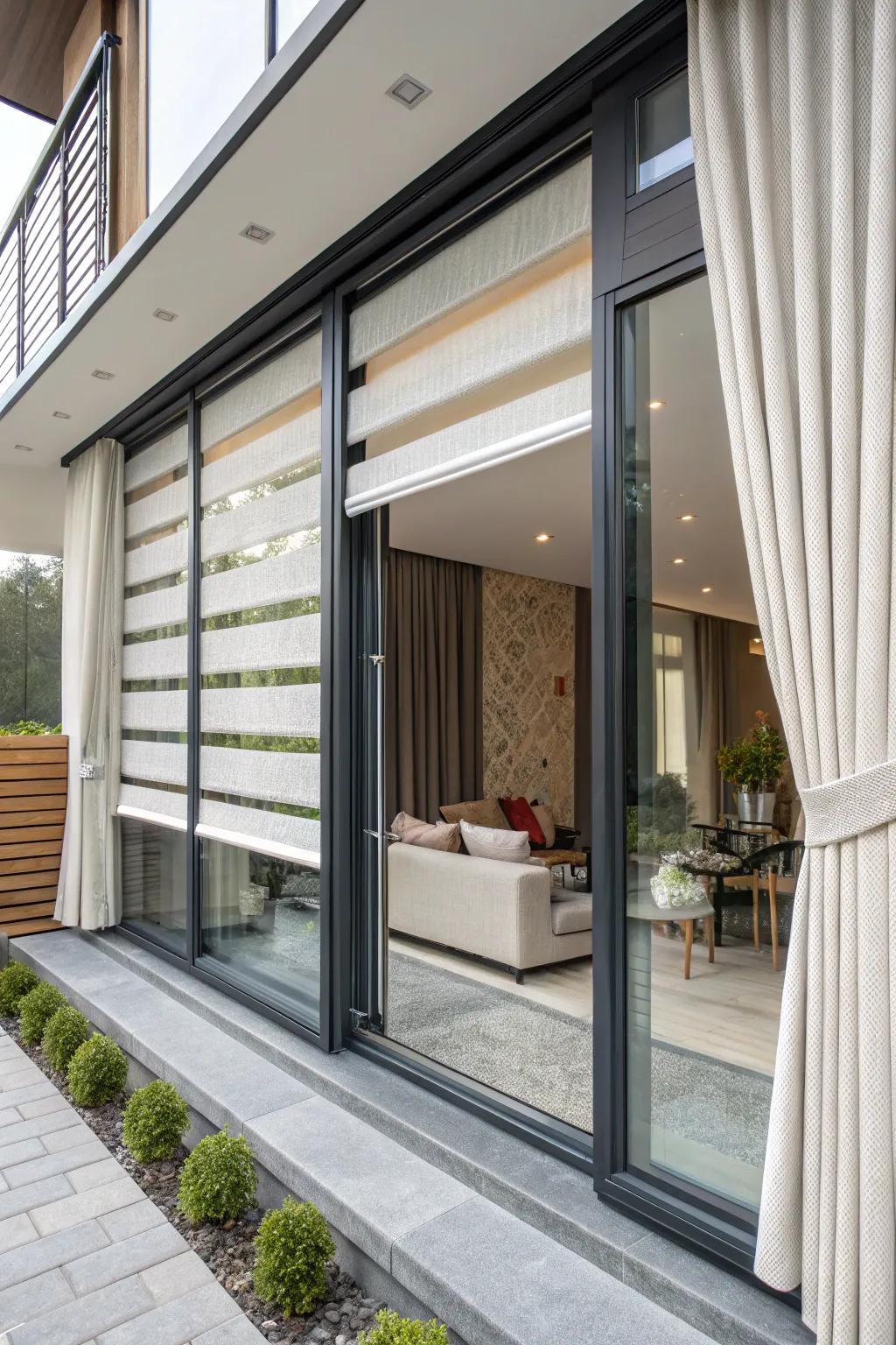 Layering drapes and flexible blinds provides flexible light management.