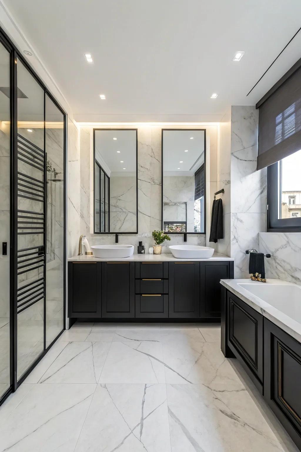Dark cabinets offer a dramatic contrast in contemporary bathrooms.