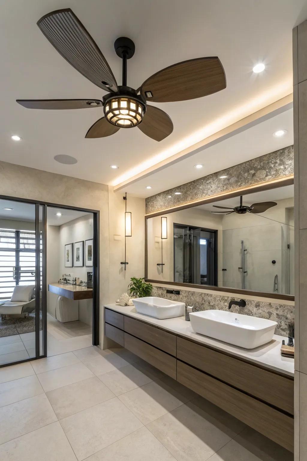 A modern bathroom featuring a chic, contemporary fan with illumination.