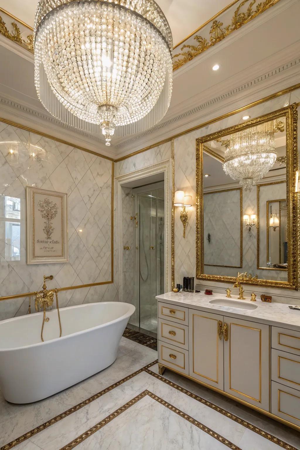 A chandelier makes a strong design statement, turning your bathroom into an opulent escape.