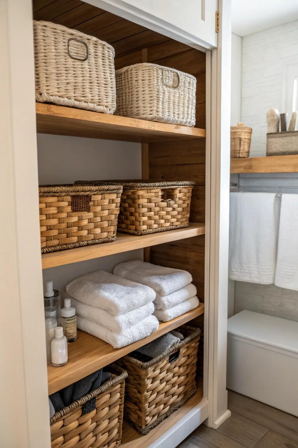 Fiber baskets contribute style while arranging your basics.