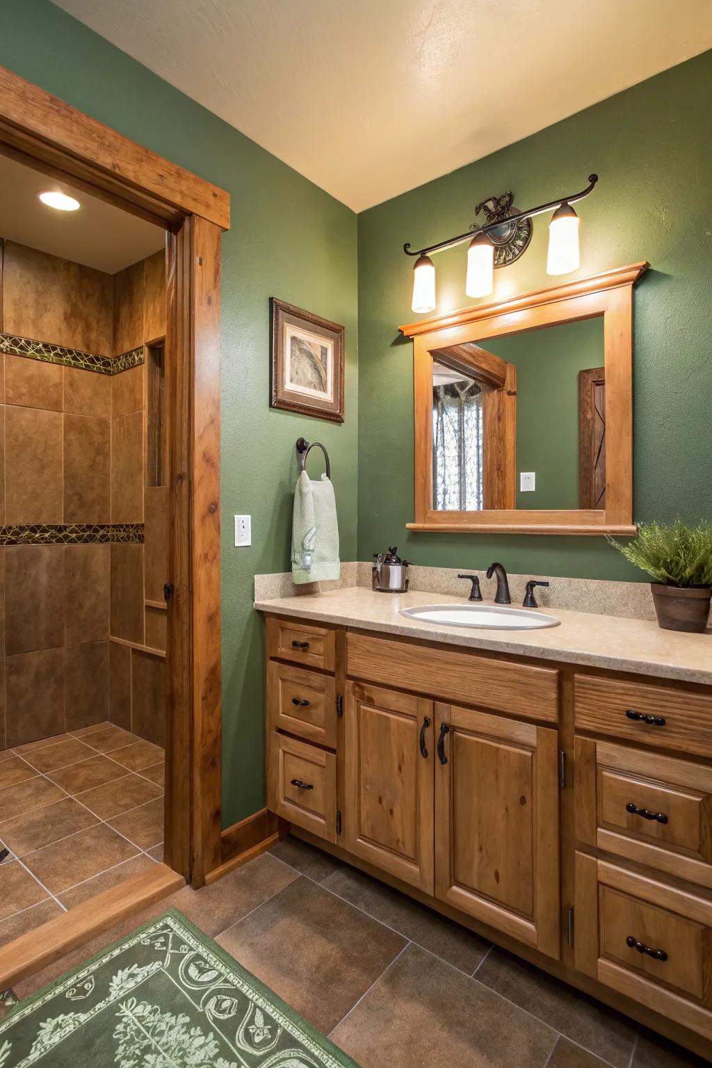 Natural greens and browns result in a soothing, nature-inspired bathroom.