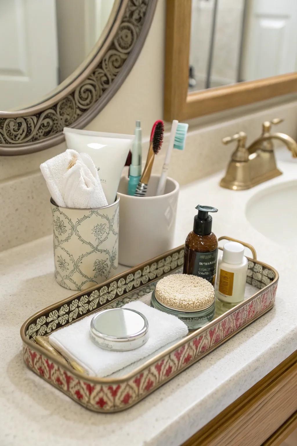 A tray ensures items are organized stylishly.