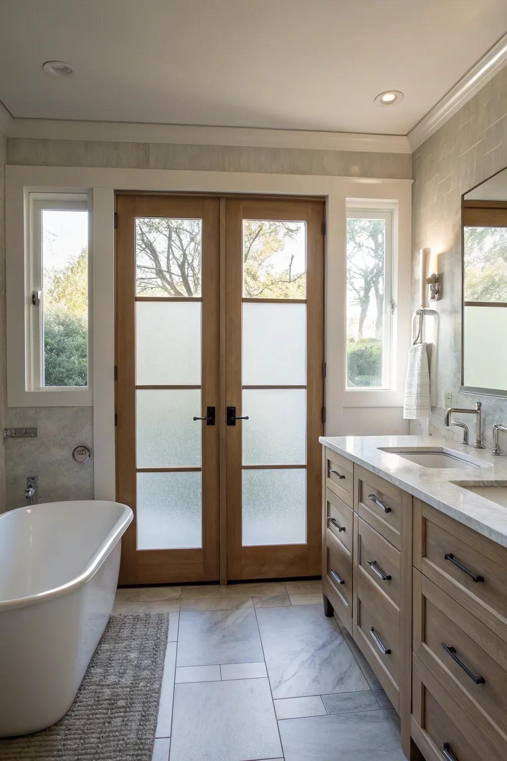 Without sacrificing light, frosted glass doors offer seclusion.