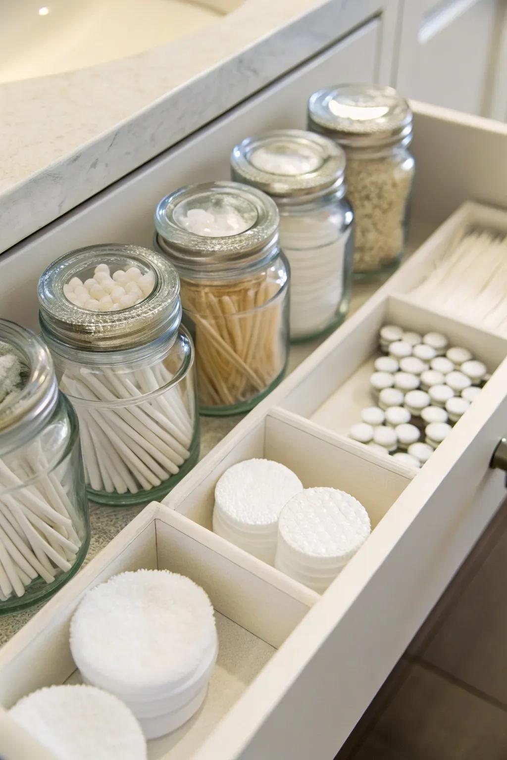 Vertical storage using jars introduces charm and efficiency.
