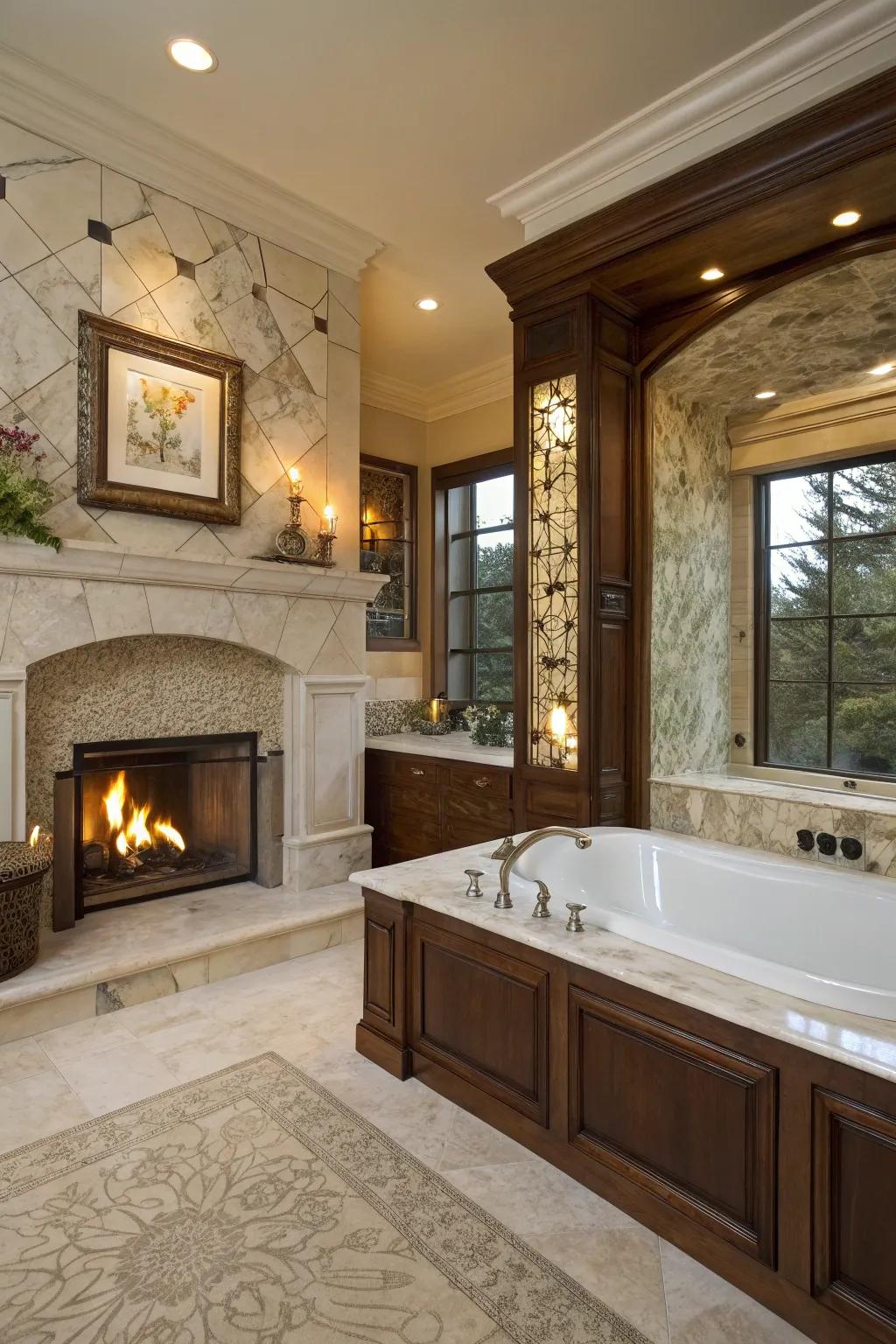 Stone and rock embellishments elevate the fireplace's elegance.