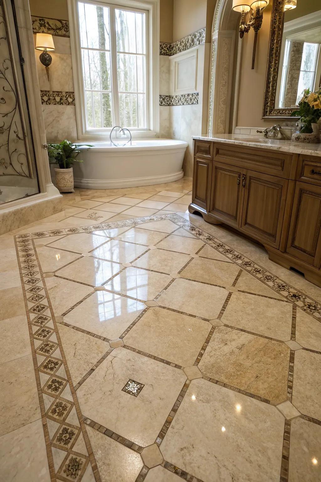 Textured stone tiles offer luxury and durability.