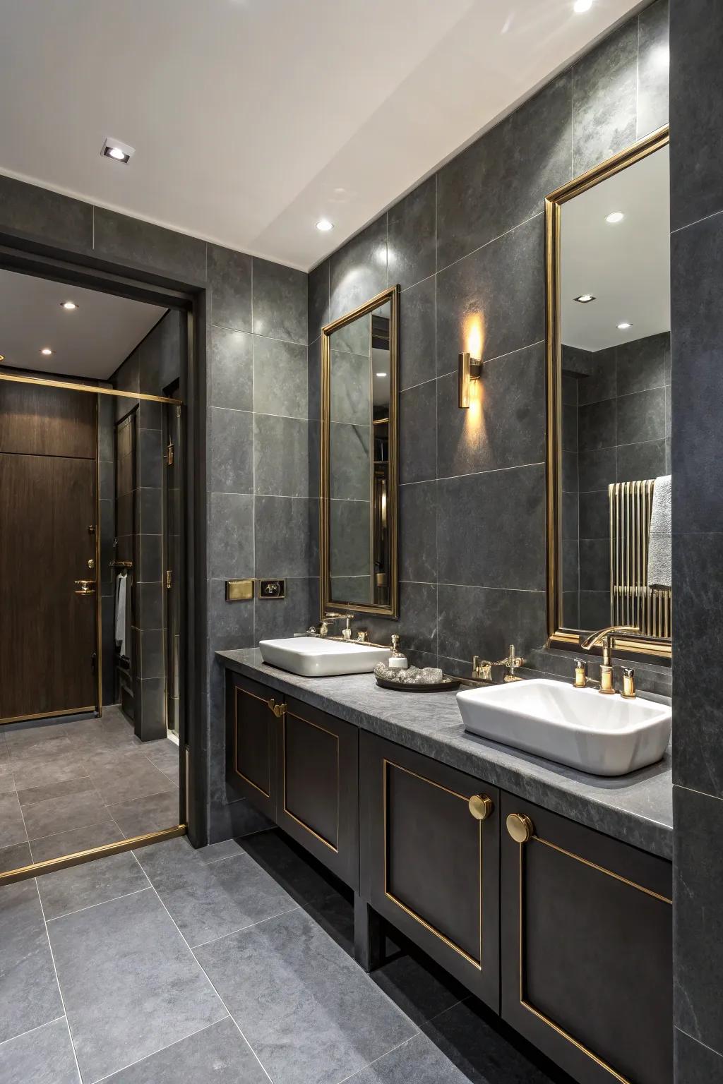 Slate gray enhances the bathroom with a touch of sophistication.