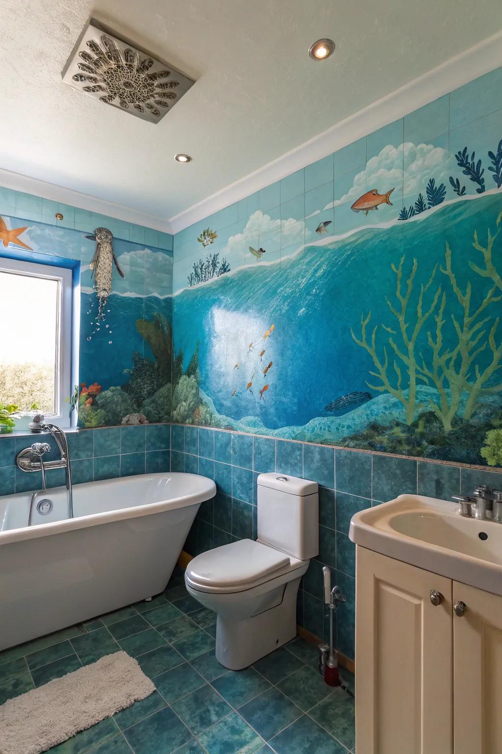 A marine-inspired bathroom featuring ocean-themed art.