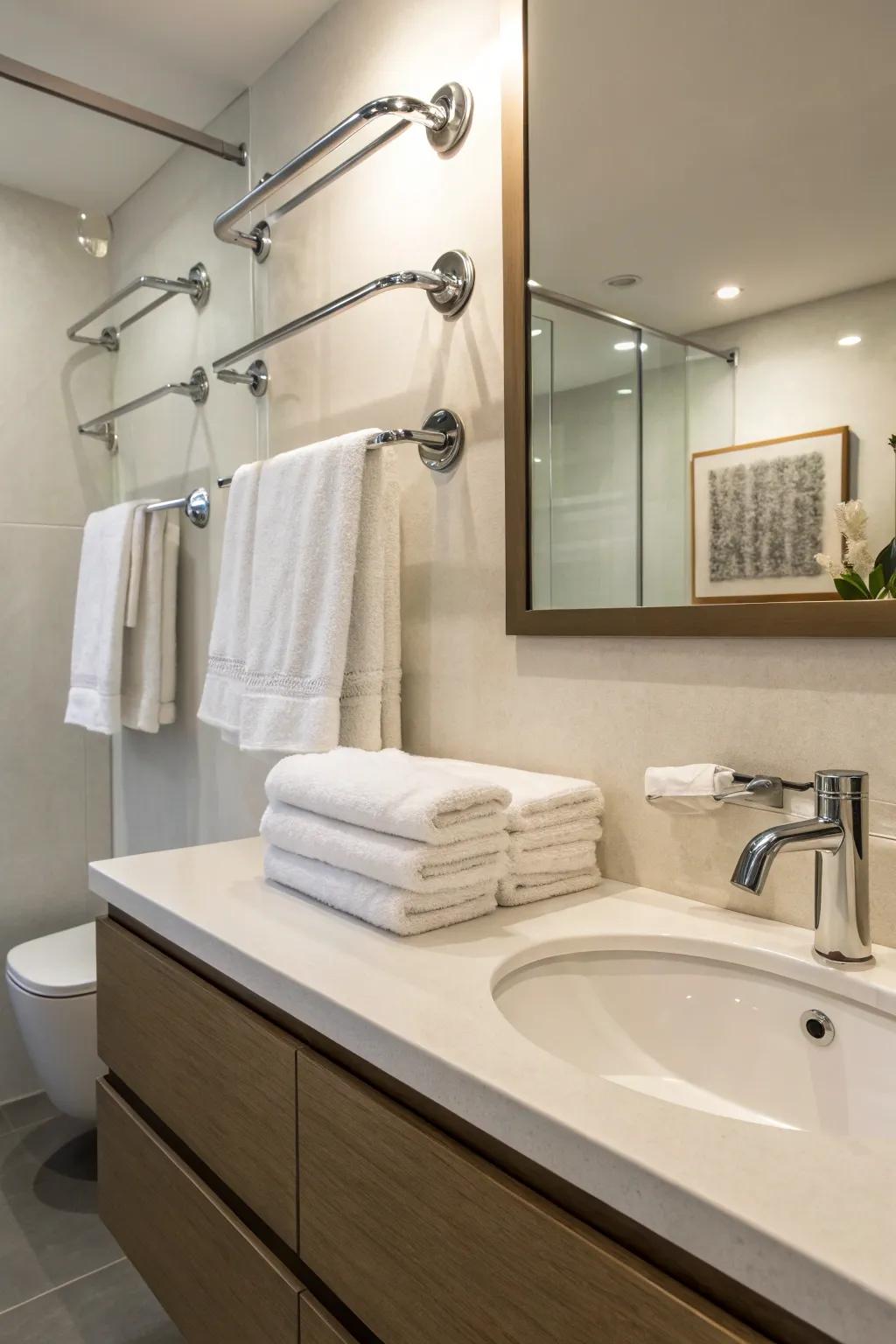 Simple hooks maintain a neat and sophisticated bathroom.