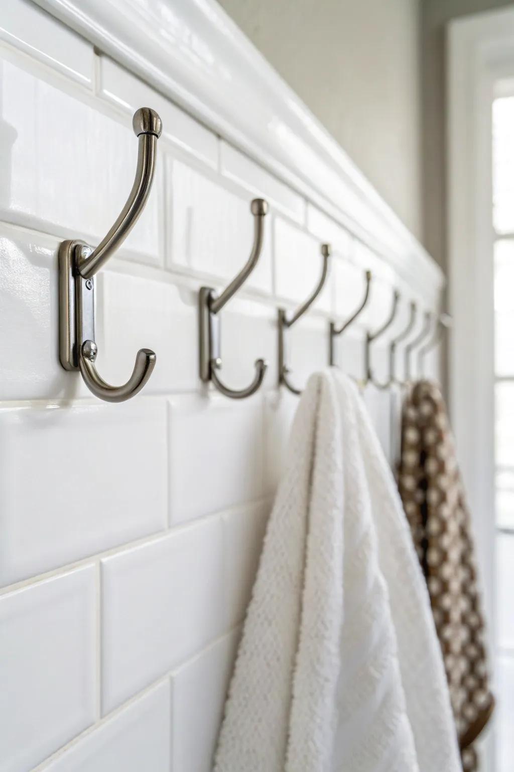 Minimalist hooks keep your bathroom polished and tidy.