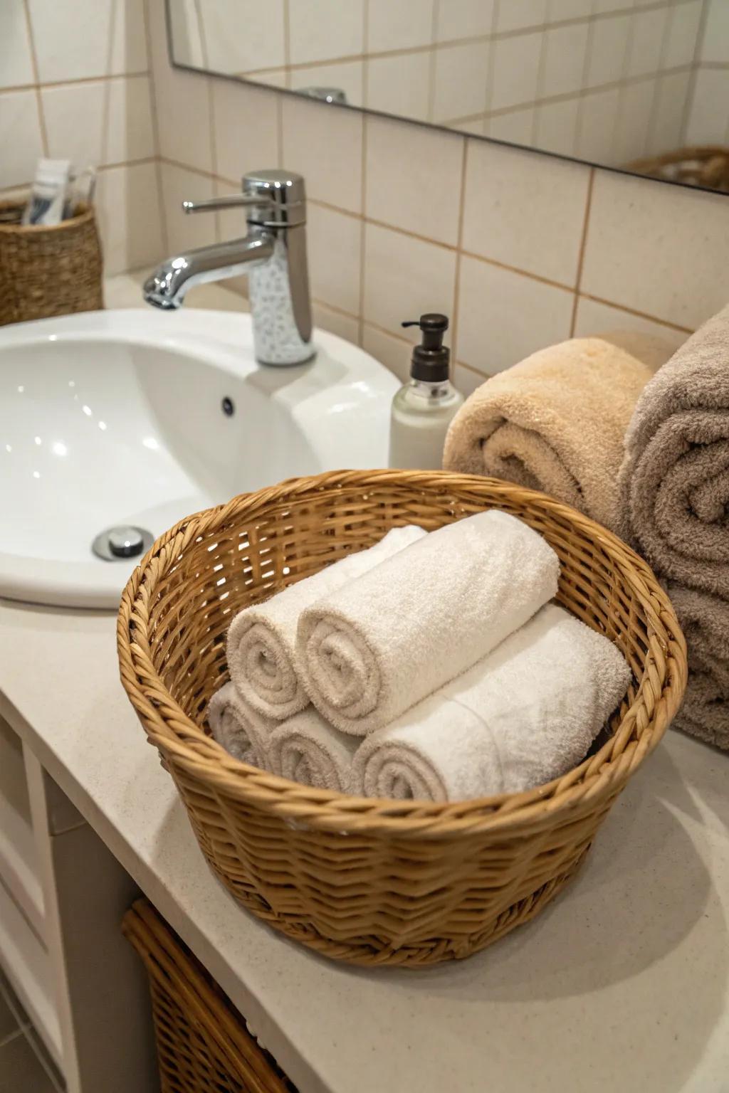 Baskets offer a rustic and useful way to store towels.