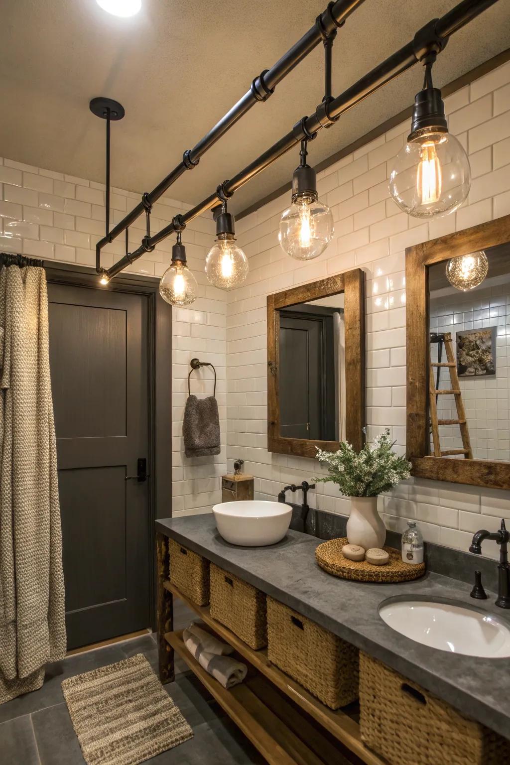Industrial metal modular lighting adds an edgy feel to your bathroom.