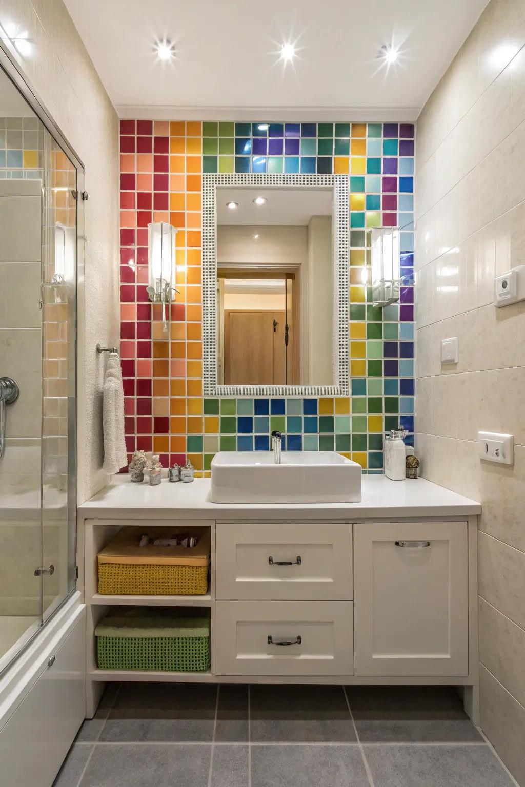 Mosaic tiles add a playful artistic flair.