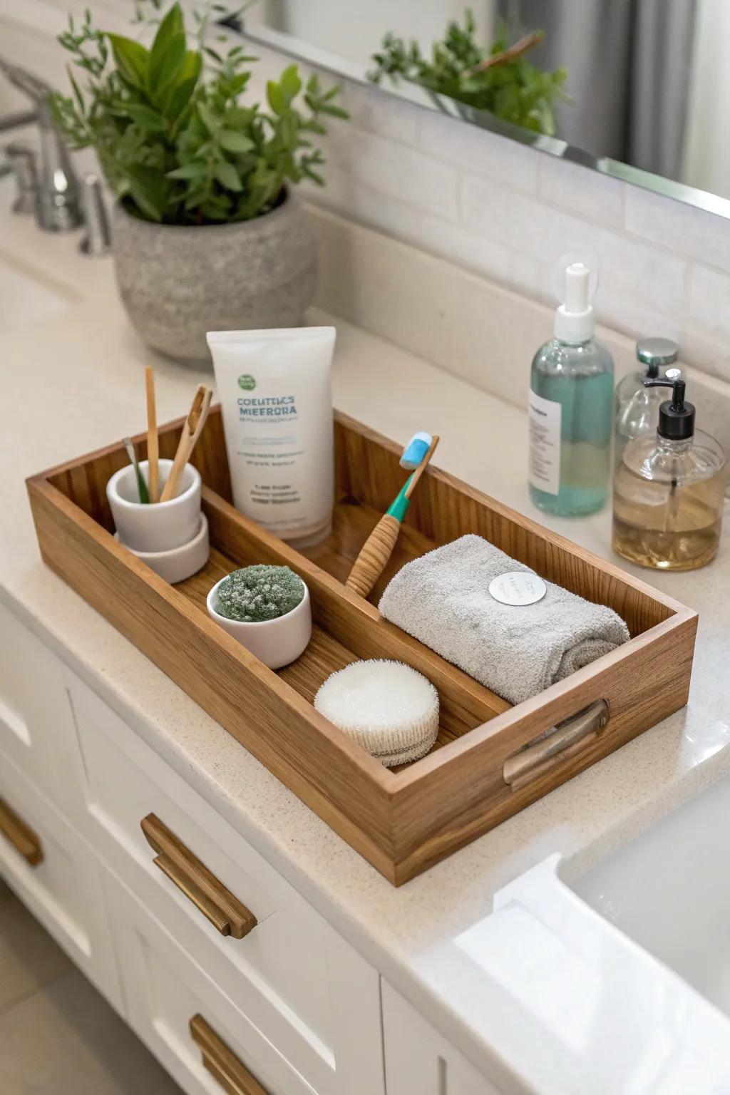Trays maintain a tidy and fashionable bathroom vanity.