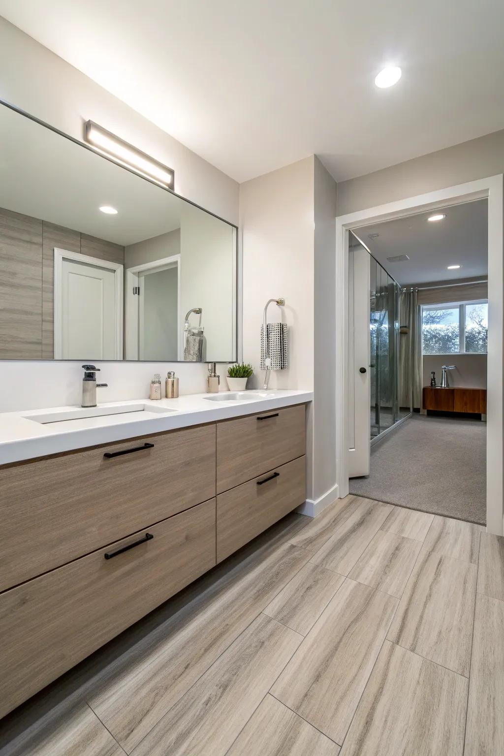 Simple resilient flooring helps create a bathroom that feels modern and clean.