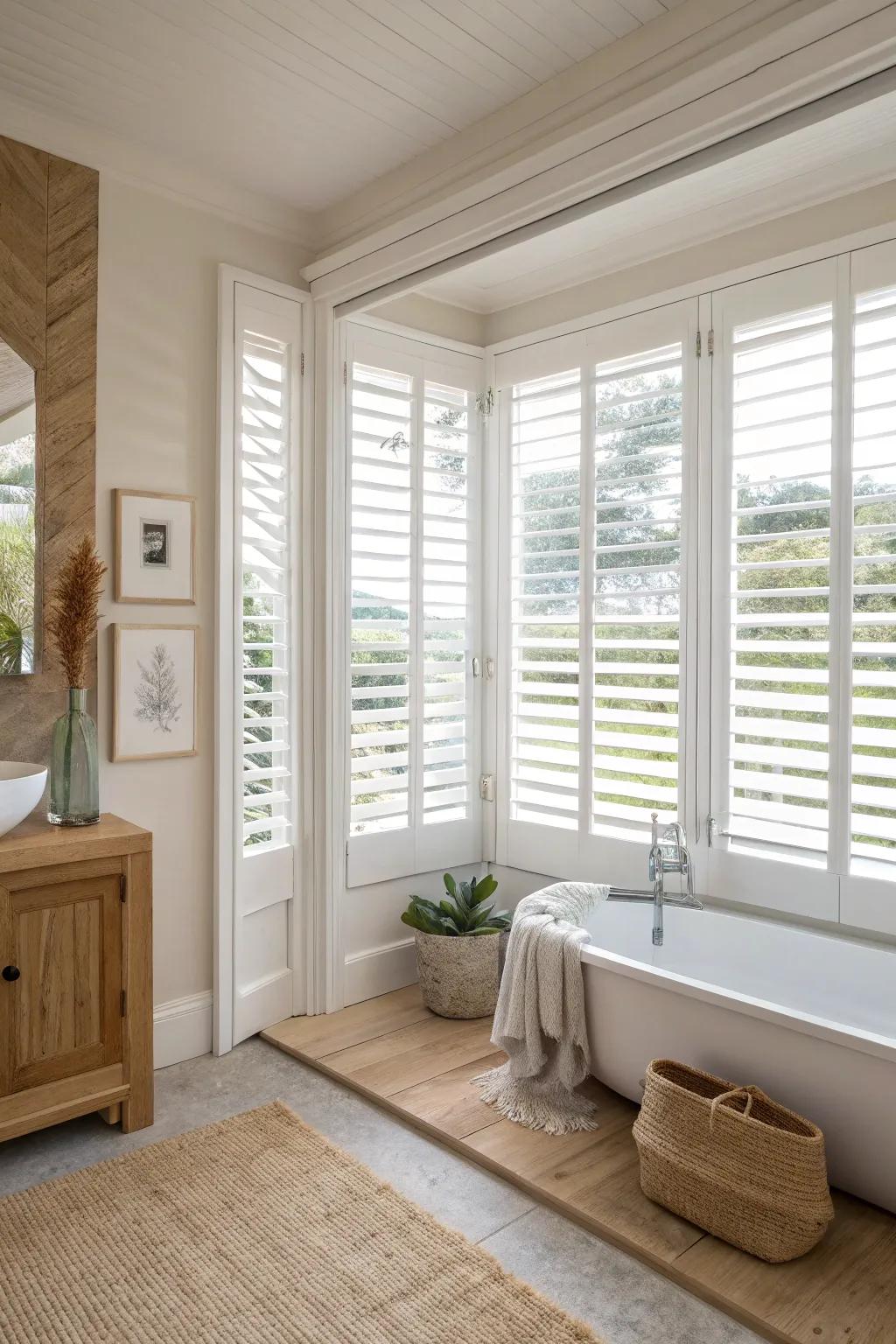 Ageless elegance using versatile interior shutters. #BathroomStyle #TimelessDesign