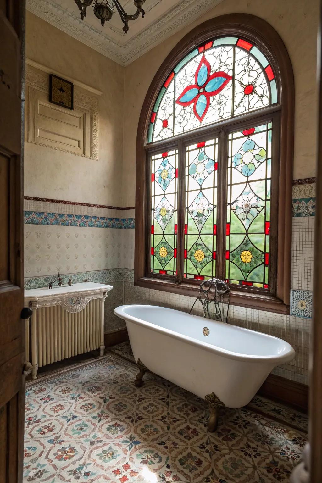 Painted glass windows crafting a vibrant atmosphere in the bathroom.