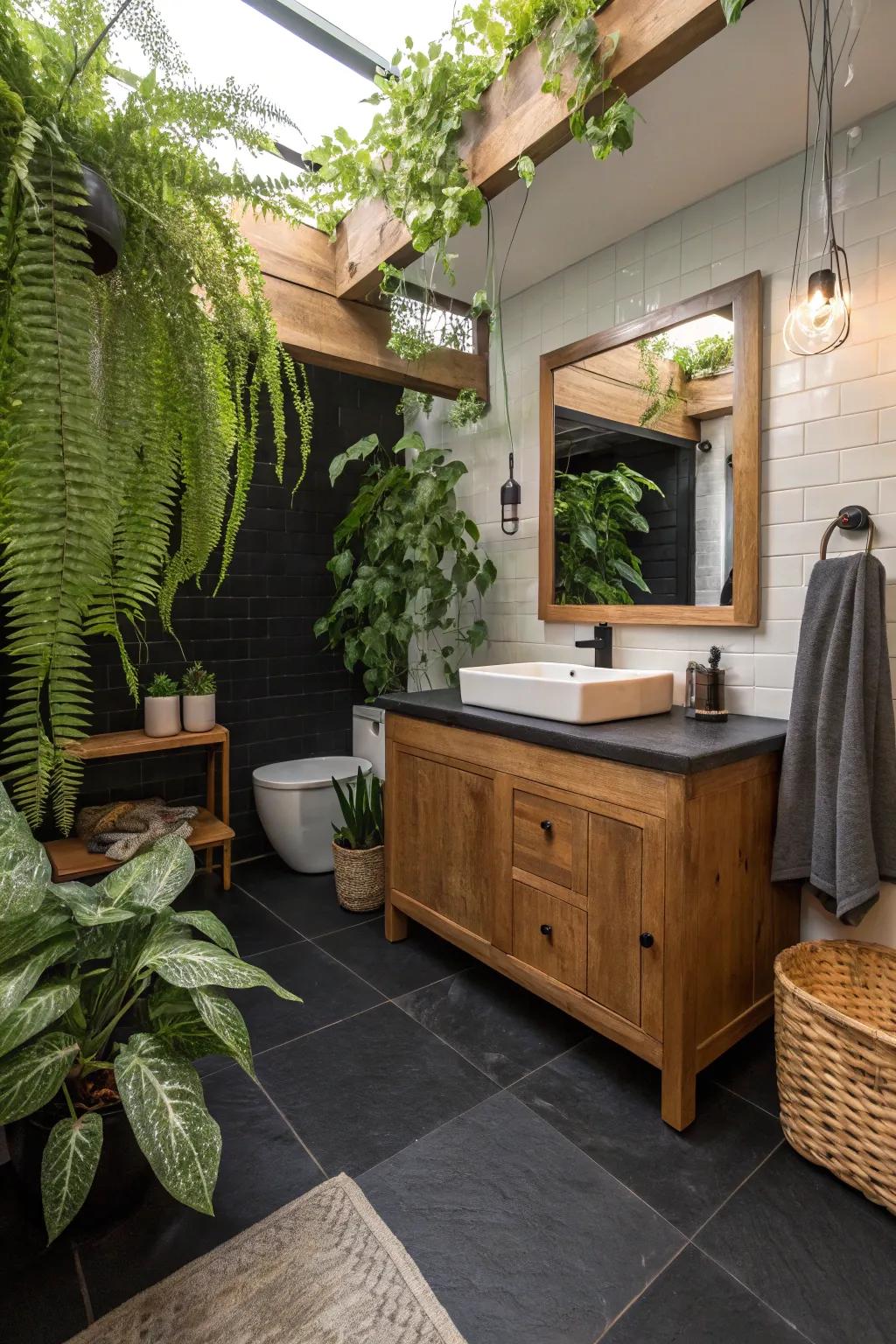 Wood features soften the bold black floor, creating a warm, inviting atmosphere.