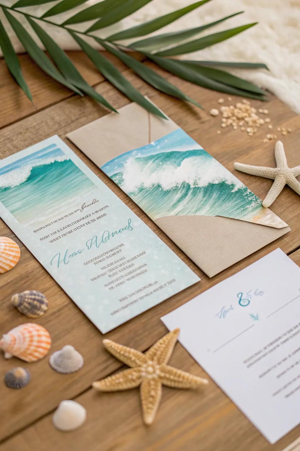 Evoking the gentle sea breeze and warm sand through your invitations.