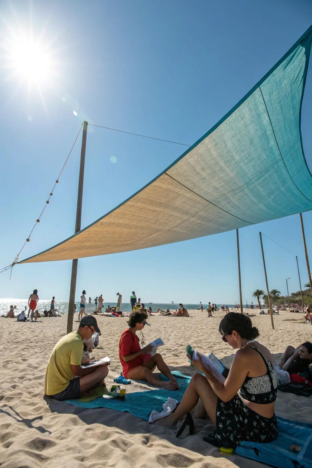 Fabric sun shields offer both style and shelter at the beach.