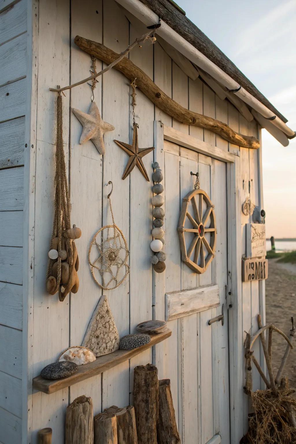 Rustic driftwood accents bring natural charm to a beach shed.