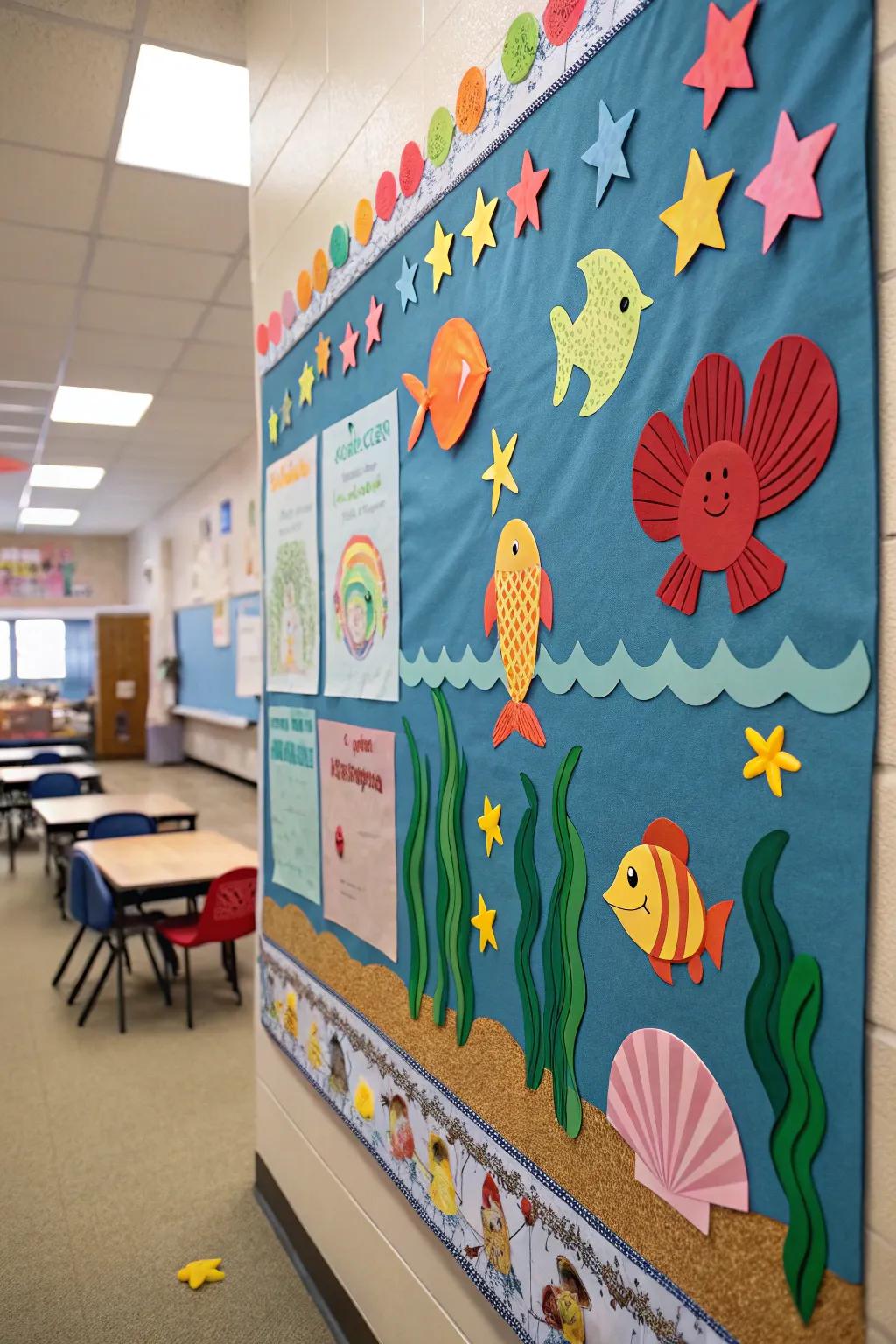 An aquatic-themed notice board that carries the submarine realm into the classroom.