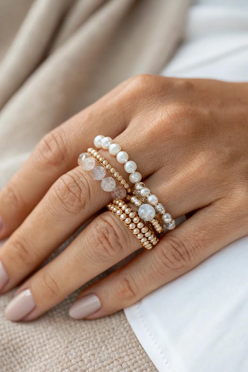 Enhance your style with the stacked chicness of beaded rings, where contemporary meets individual.