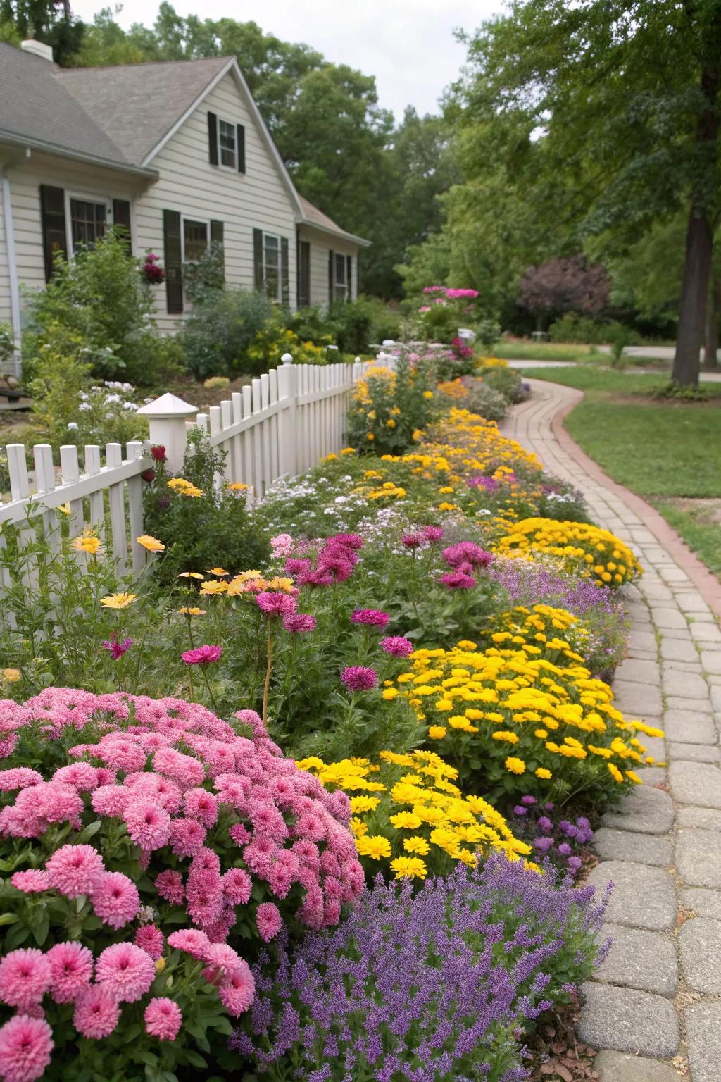 A burst of color from lively flowers in a front yard garden.