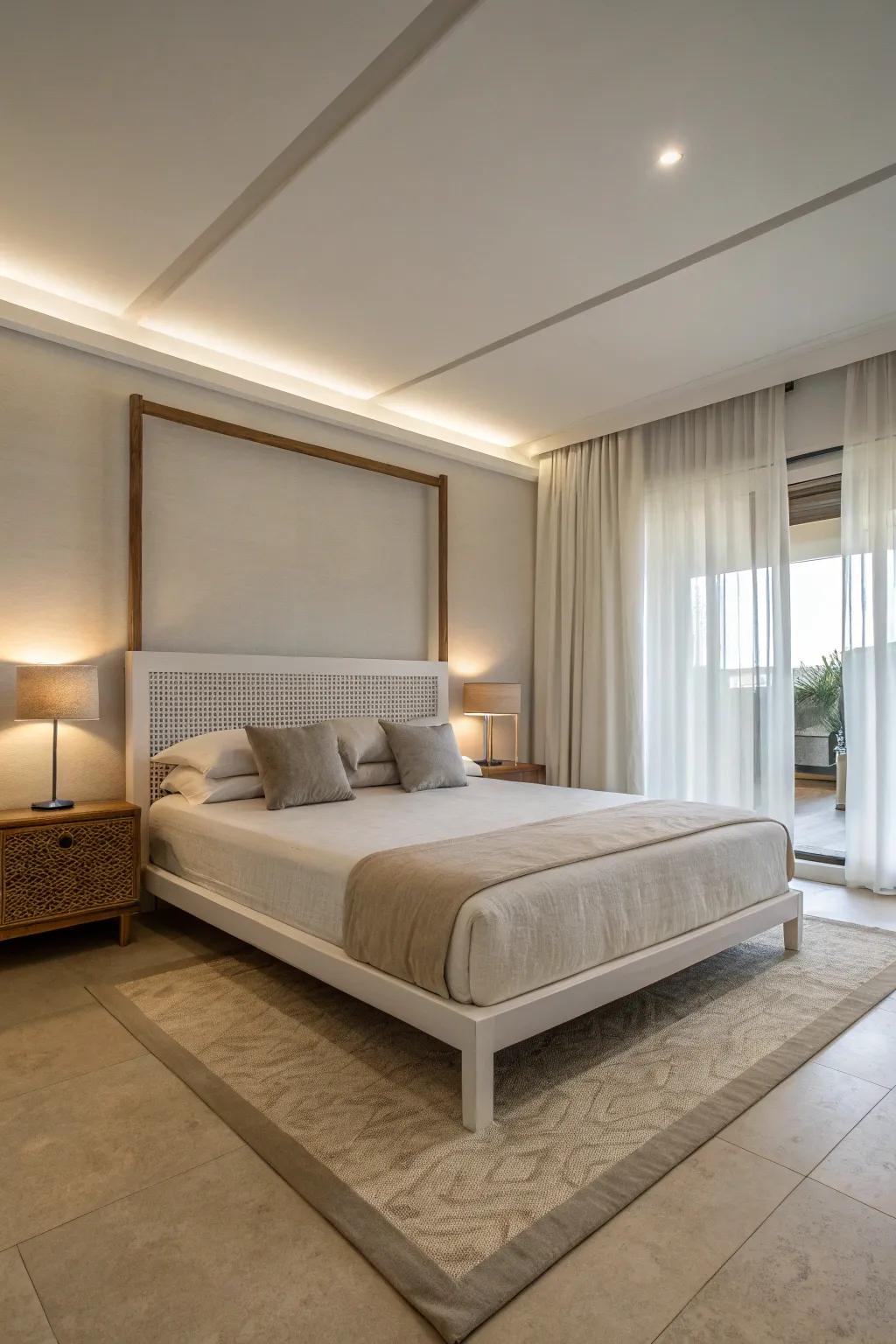 A minimalist bed frame creates a calm and uncluttered feel.