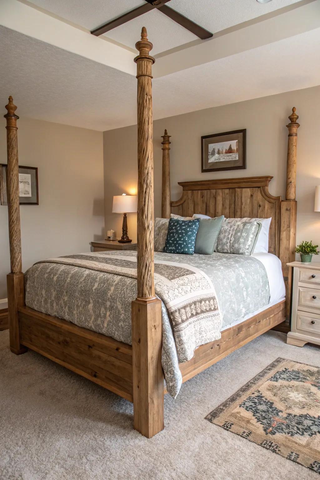Natural bedposts imbue a touch of rustic charm into the bedroom.