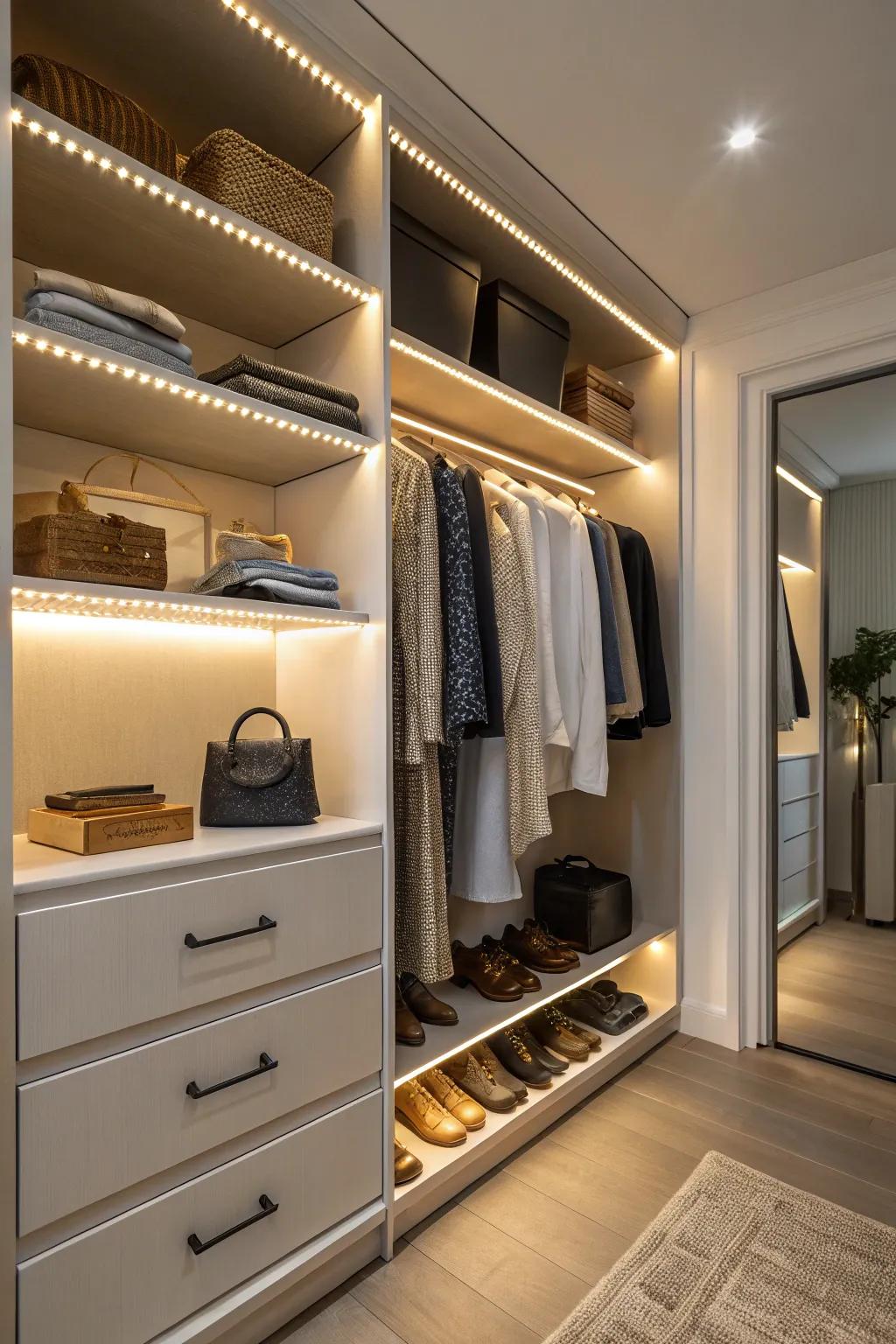 LED lighting enhances closet visibility and ambiance.
