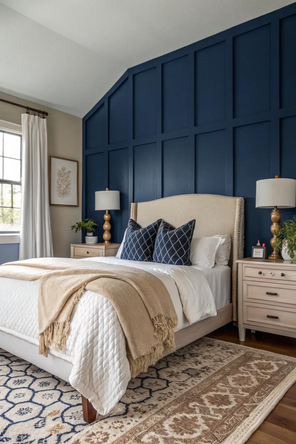 A midnight feature wall enriches your bedroom with drama and depth.