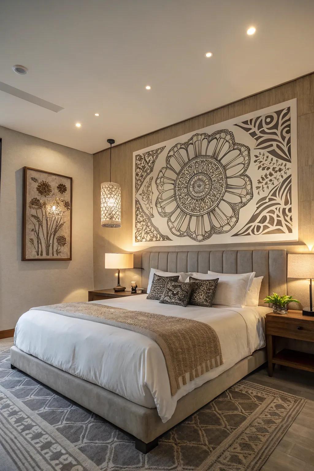 A bold statement wall art piece adds character to this modern bedroom.