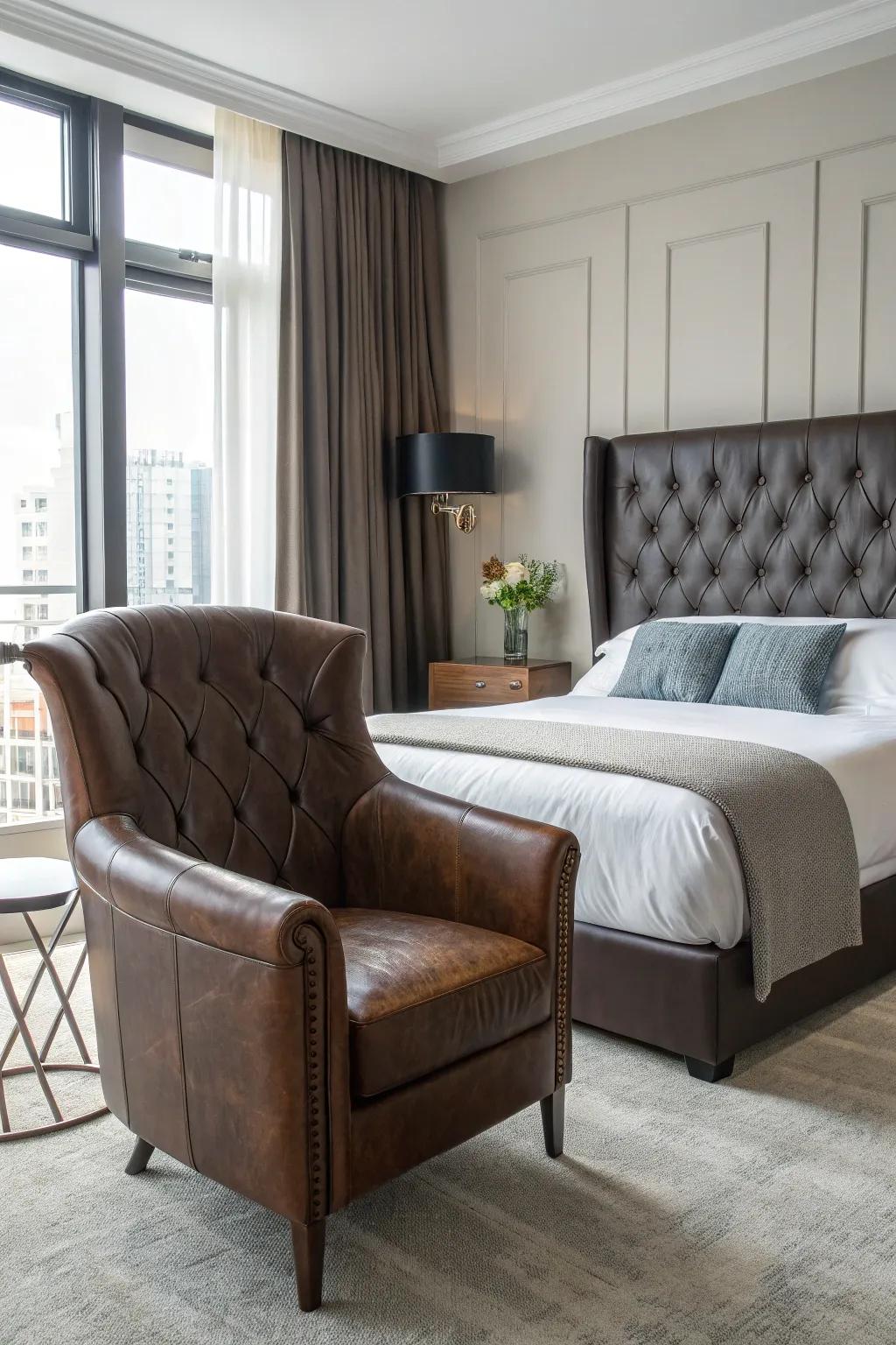 Leather elements lend a lavish feel to this masculine bedroom.