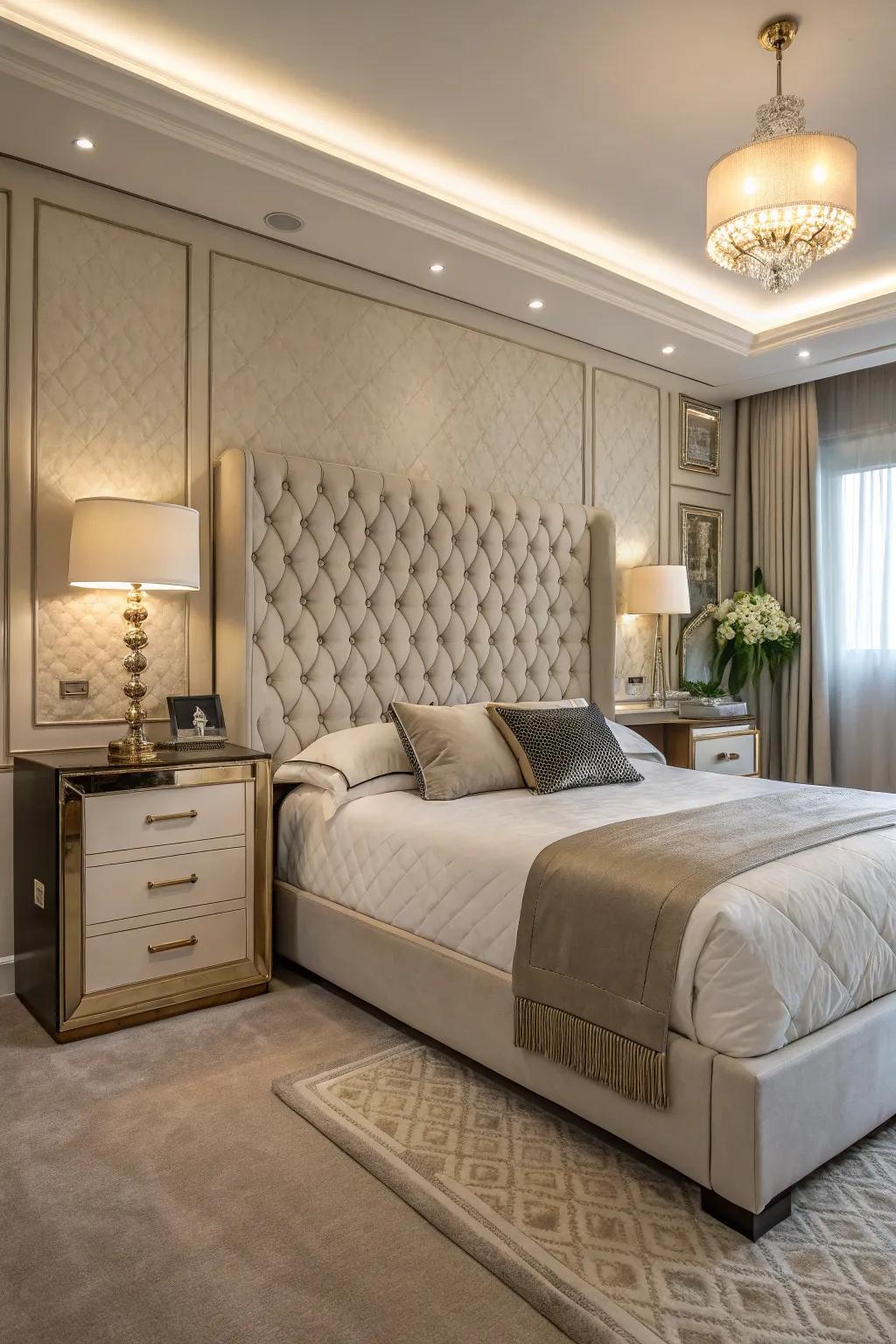 Refined furnishings contribute sophistication to this fashionable bedroom.