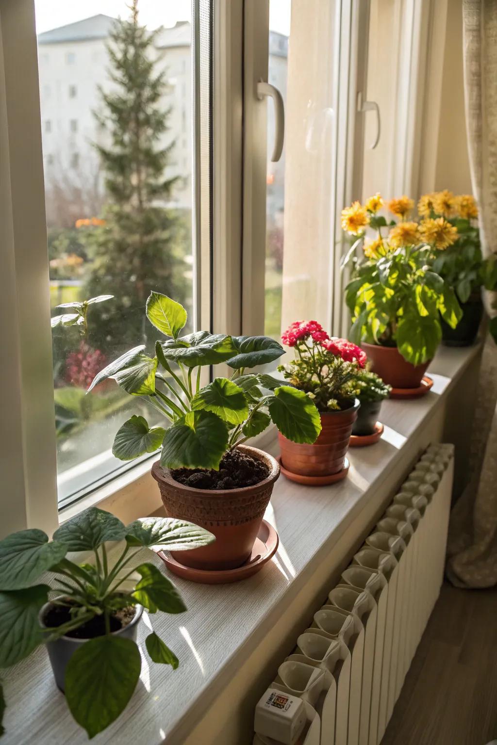 A sunny windowsill becomes a dynamic plant display.