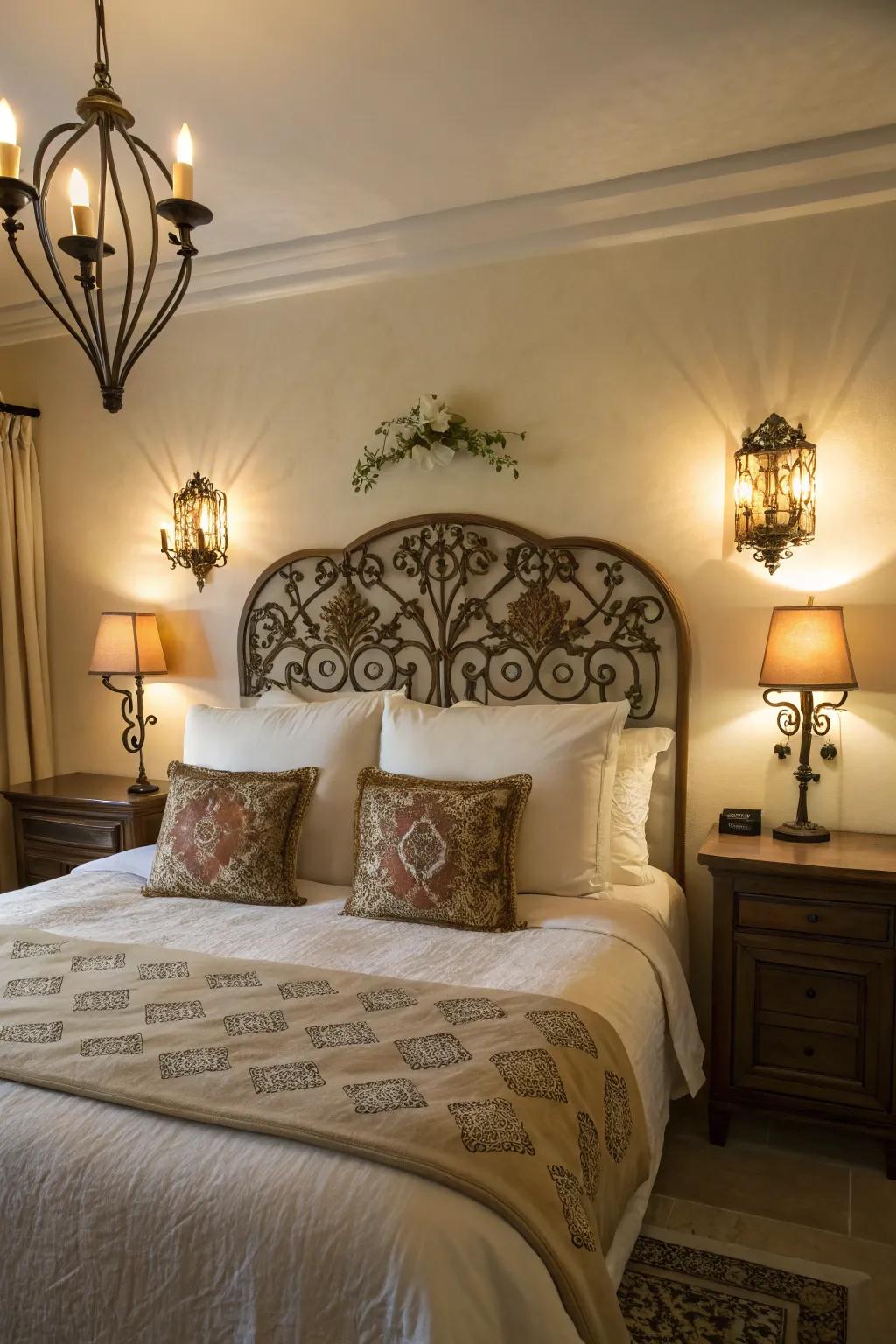 Wall sconces offer a cozy glow, perfect for nighttime reading.