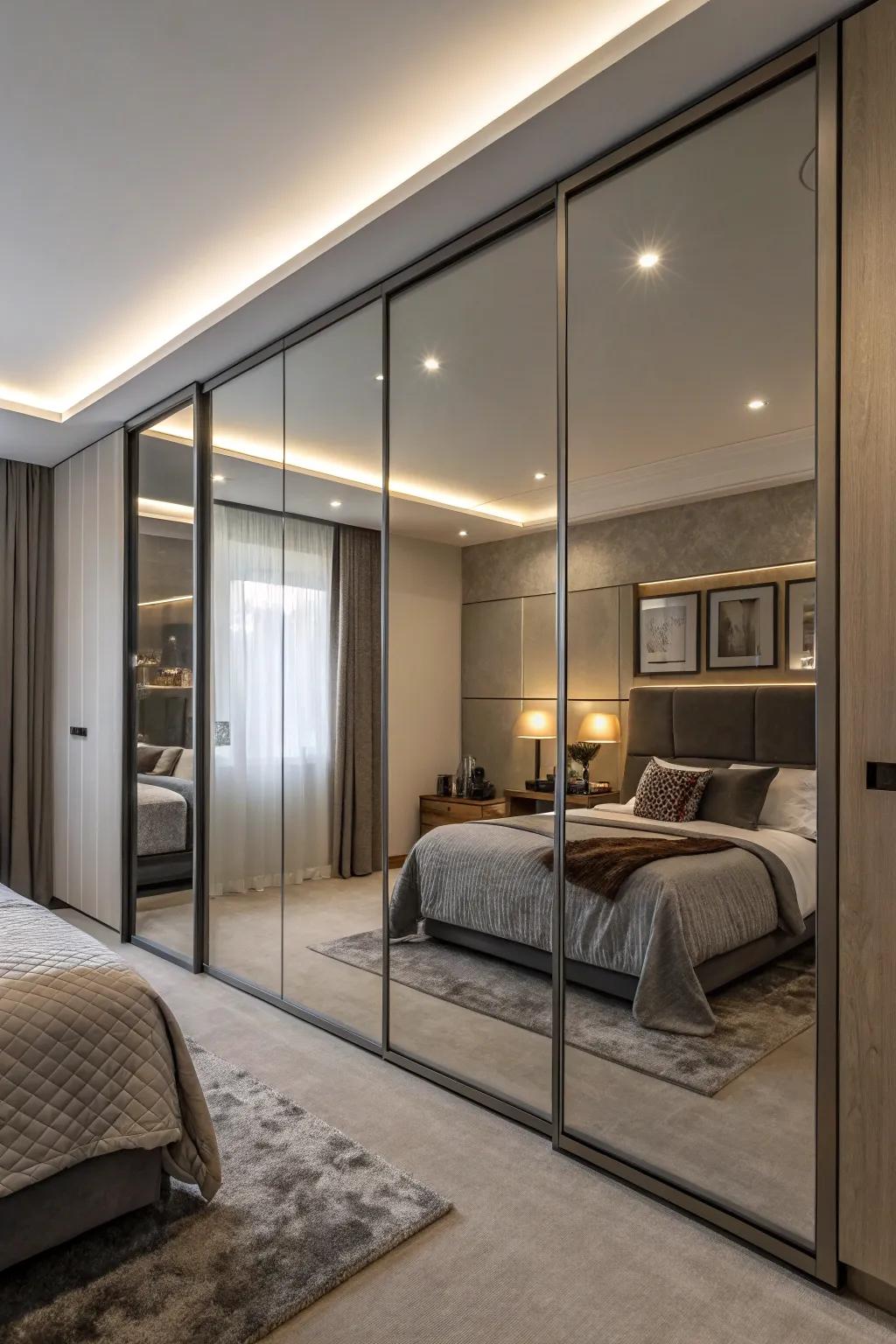 Mirrored closet doors in a bedroom enhance both the room's functionality and perceived space.