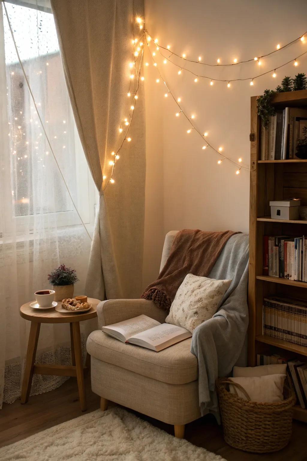 A bedroom nook lit by soft string lights, creating a calming ambiance.