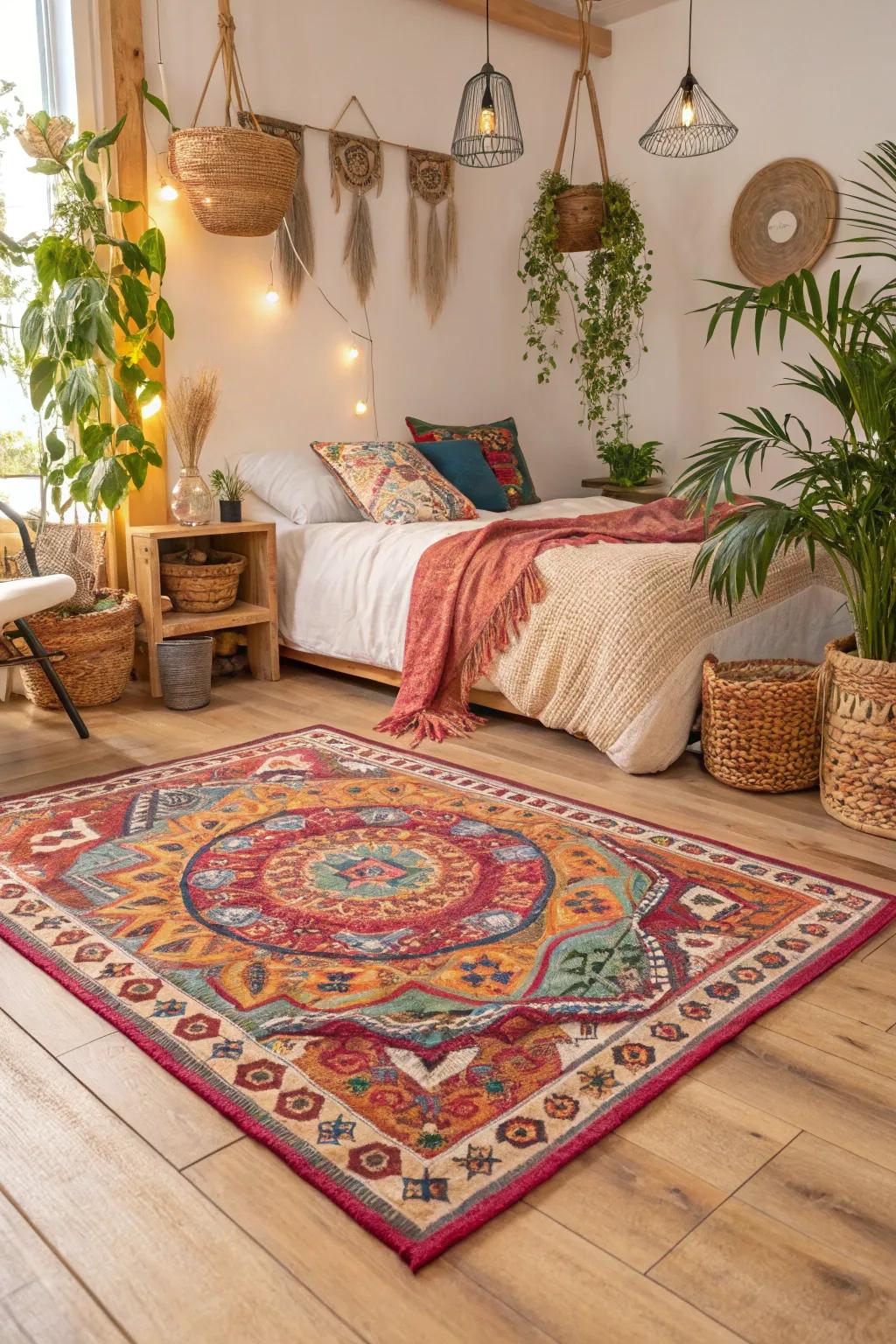 Infuse bohemian flair into your bedroom with a vibrant rug.