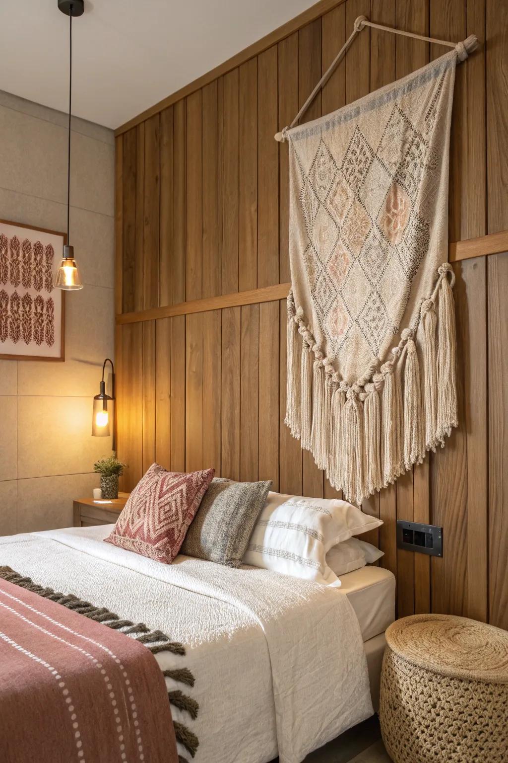 Mix textures to create an inviting and vibrant bedroom wall.