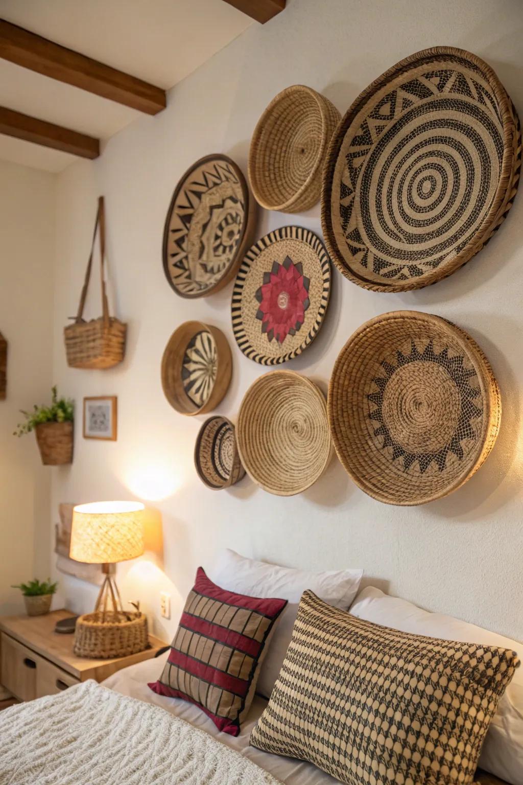 Woven baskets introduce texture and a bohemian atmosphere to bedroom walls.