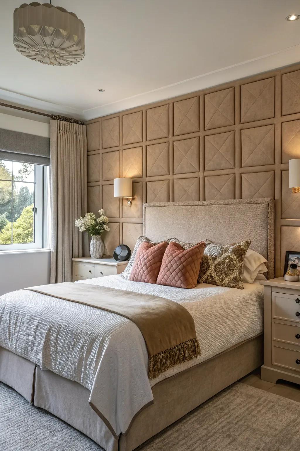 Built-in headboard paneling provides a seamless and stylish backdrop.