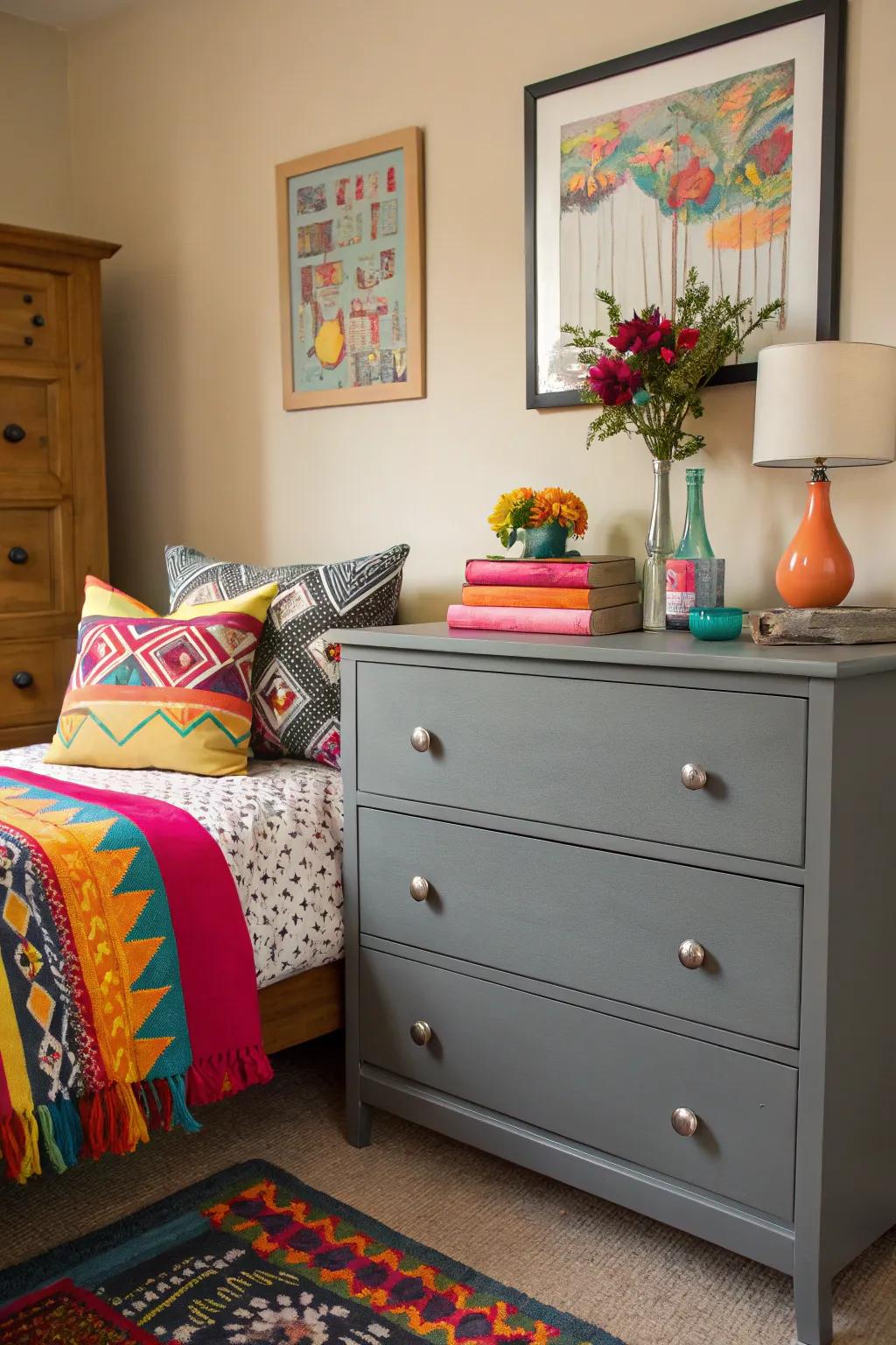 A powerful statement featuring a gray dresser and splashes of bright colors.