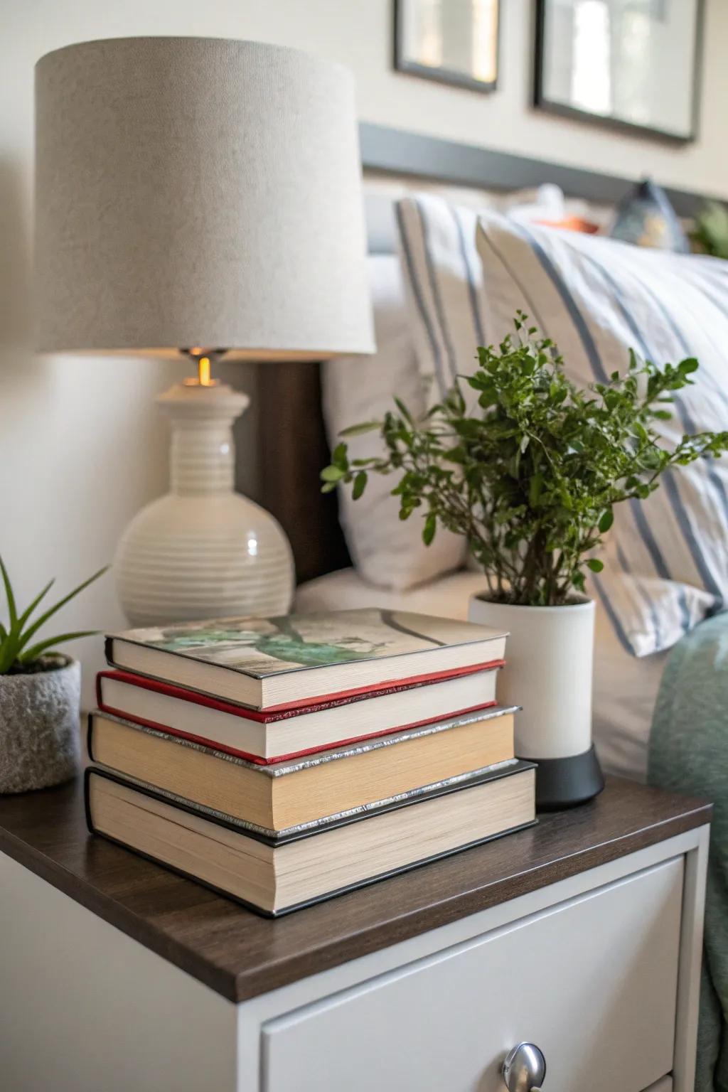 Books introduce a personal and cozy element to your bedside.