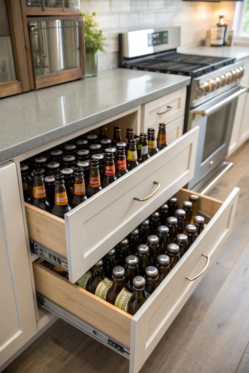 Under-counter drawers in the cooking area effectively putting away ale bottles.