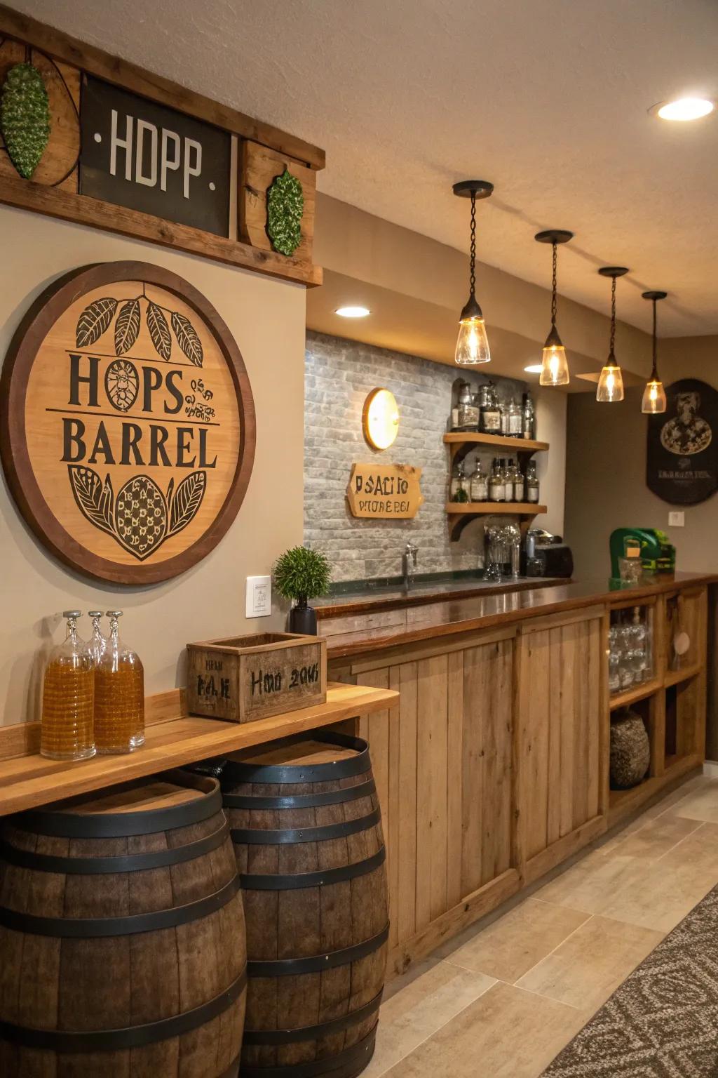 Themed beverage decor adds a rustic touch to your bar.