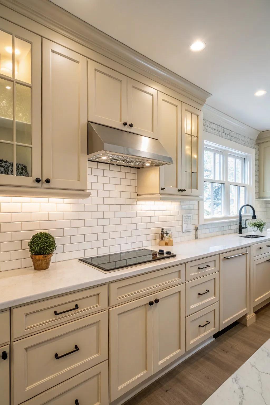 A traditional white subway tile backsplash amplifies the brightness of beige tones.